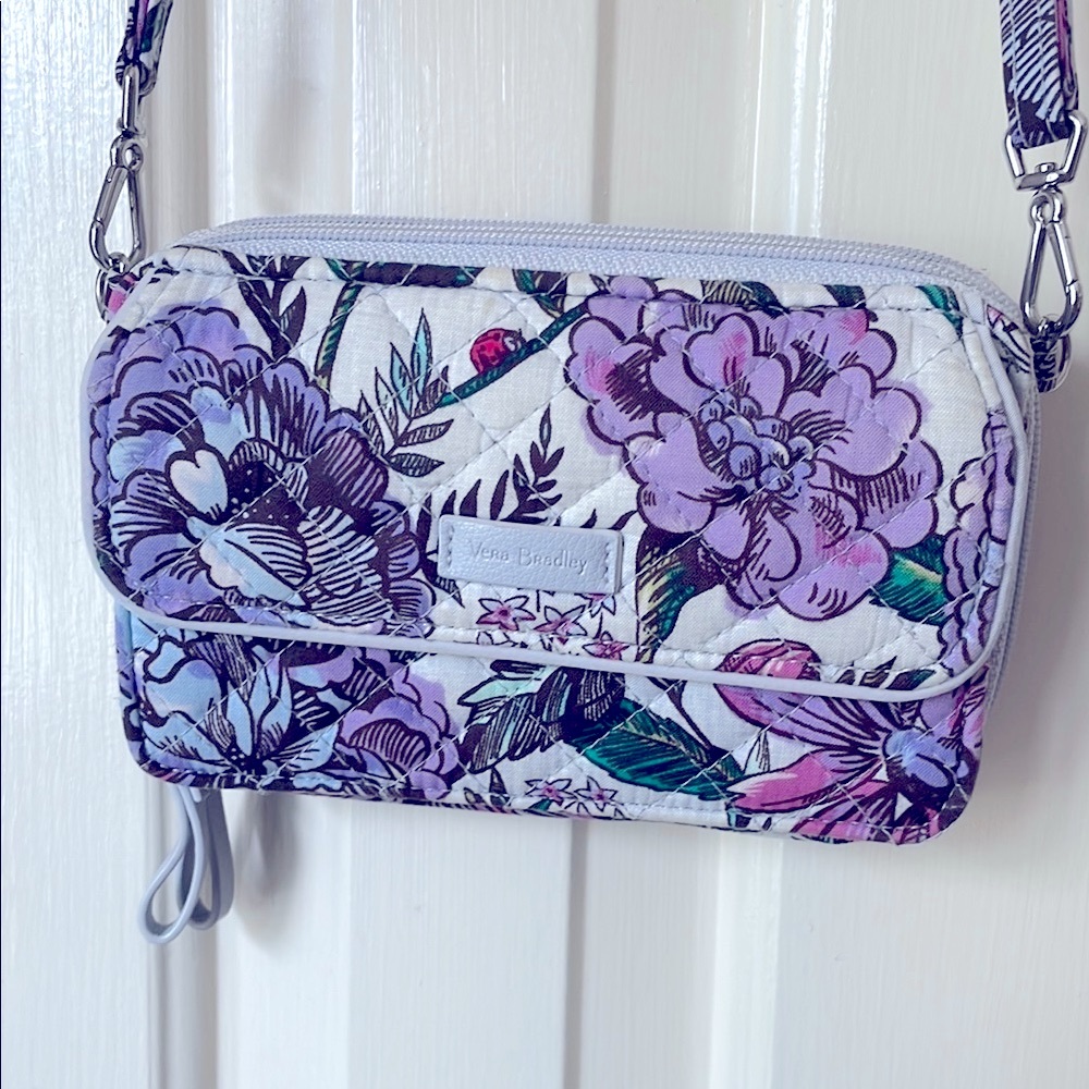 Vera Bradley Purple and Gray Crossbody Bag with adjustable strap Floral Design